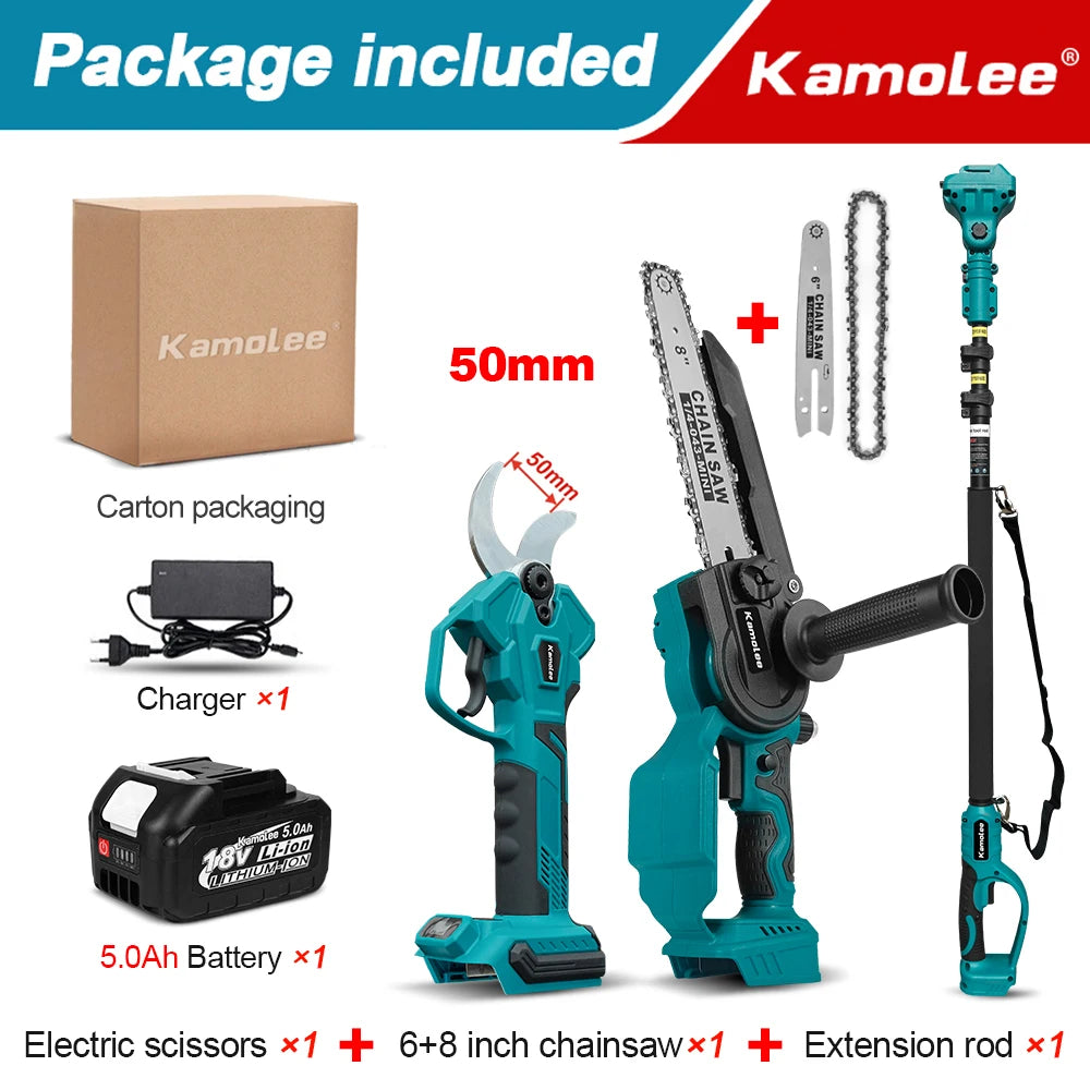 Kamolee Tijeras Eléctricas Sin Cable de 50mm, Podadoras de Motor Sin Escobillas, Cizallas de Poda para Árboles Frutales, Sierra Manual de 8 Pulgadas Compatible con Batería Makita