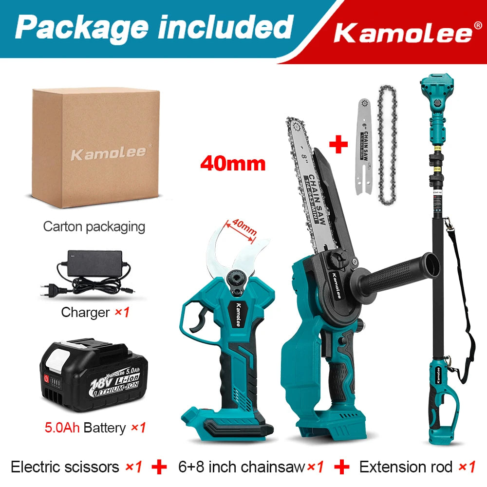 Kamolee Tijeras Eléctricas Sin Cable de 50mm, Podadoras de Motor Sin Escobillas, Cizallas de Poda para Árboles Frutales, Sierra Manual de 8 Pulgadas Compatible con Batería Makita